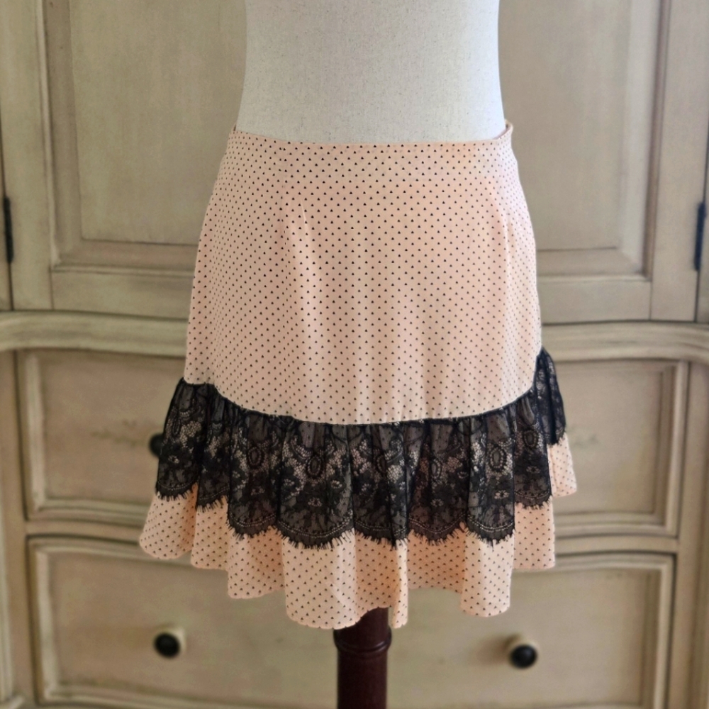 BCBGeneration Pink Polka Dot Mini Skirt with Black Lace